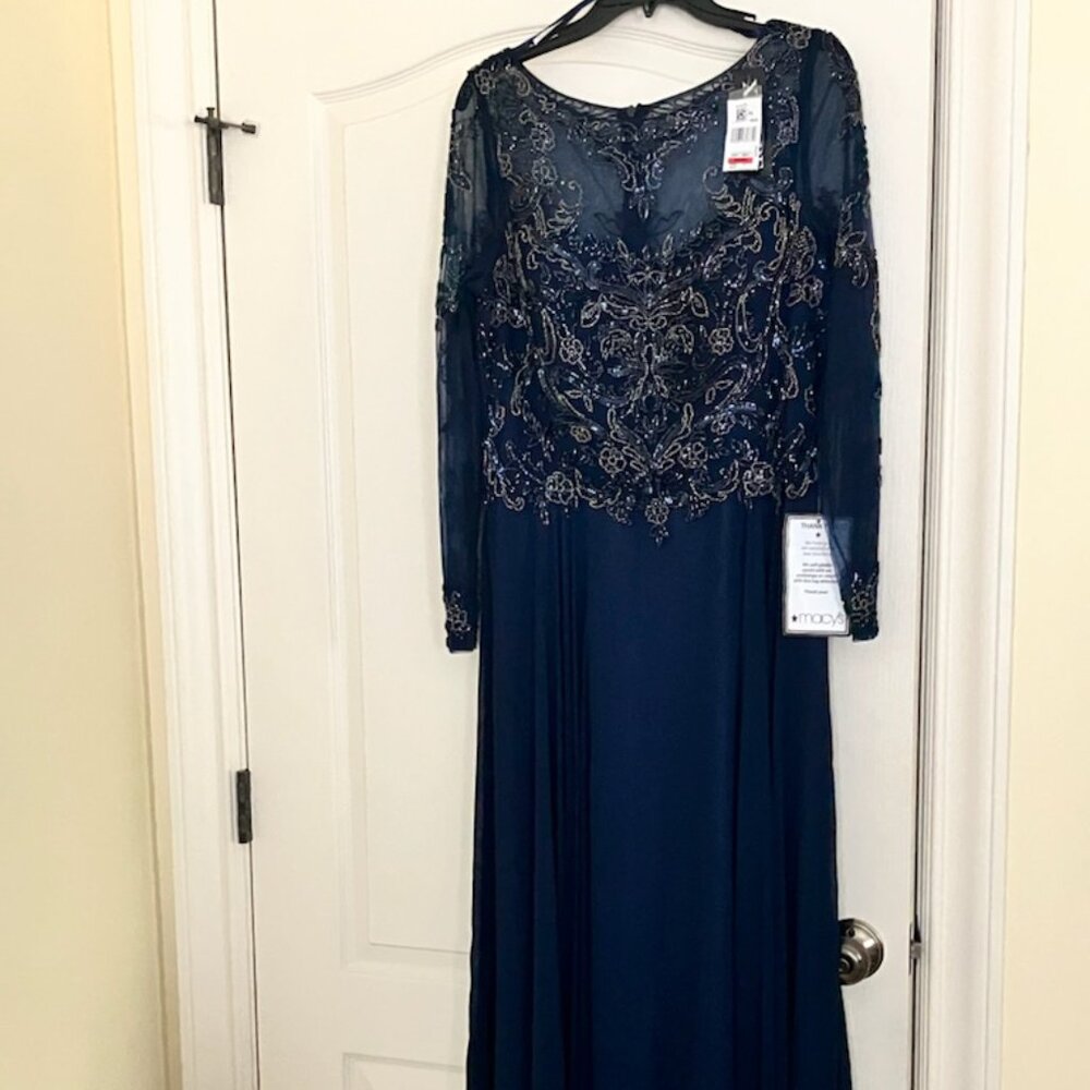 Xscape new Dark Blue Long Sleeve Dress with Gold Detailing